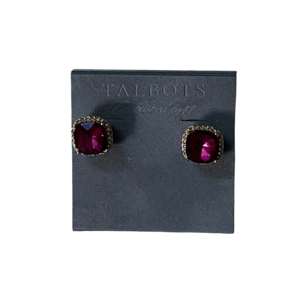 TALBOTS Gorgeous Cushion Cut Dark Pink Halo Sparkle Setting Gold Stud Ea…